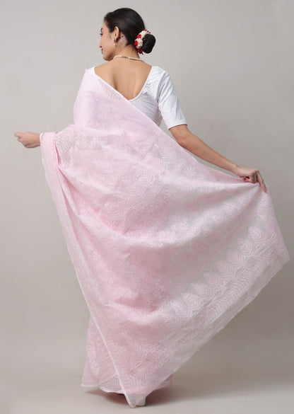 Firgun Baby Pink Lucknowi Chikankari Kota Doria Tepchi Work Saree with Blouse Piece