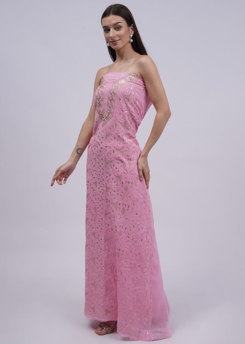 Firgun Pink Lucknowi Chikankari & Gota Patti Viscose Georgette Unstitched Kurta & Dupatta Set
