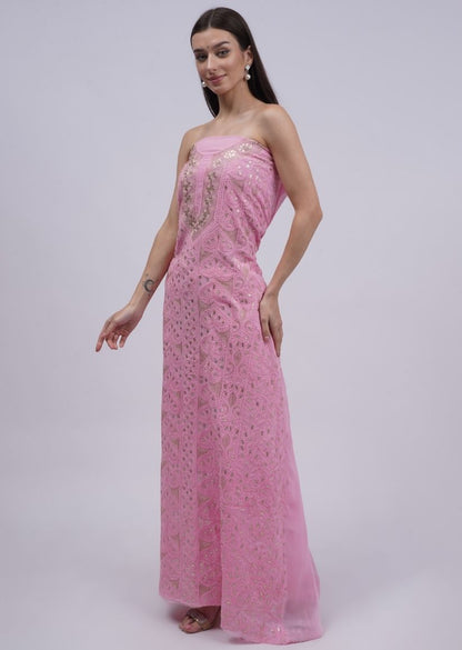 Firgun Pink Lucknowi Chikankari & Gota Patti Viscose Georgette Unstitched Kurta & Dupatta Set