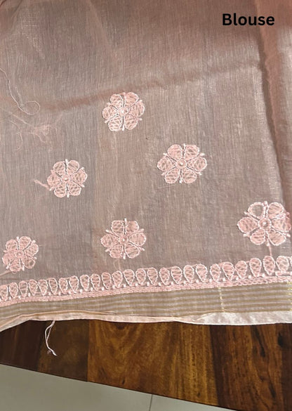 Firgun Orange Lucknowi Chikankari Mul Cotton Saree with Unstitched Blouse Piece