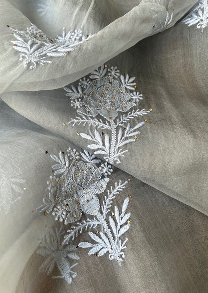 Firgun Grey Lucknowi Chikankari Pure Organza Unstitched Kurta & Dupatta Set