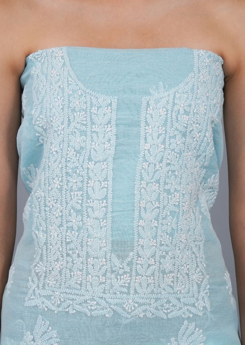 Firgun Blue Lucknowi Chikankari Linen Unstitched Kurta & Dupatta Set