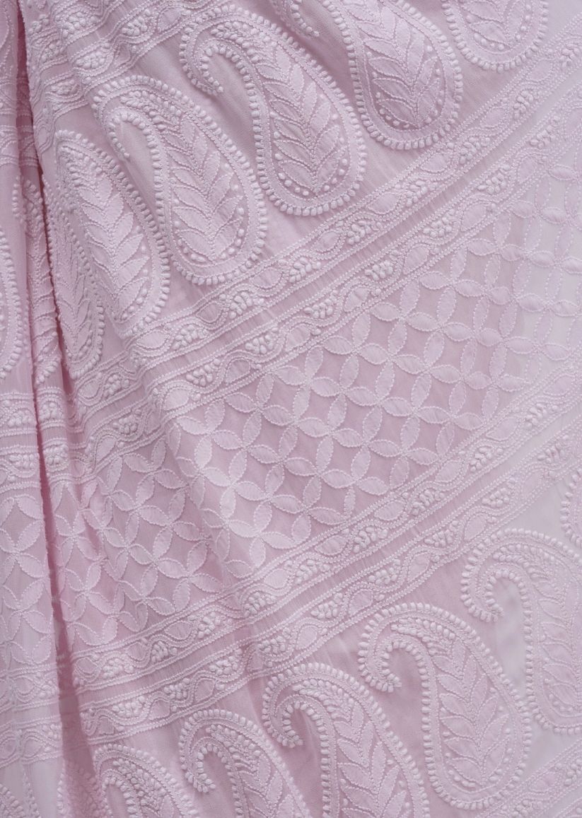 Firgun Pastel Pink Lucknowi Chikankari Viscose Georgette Saree with Unstitched Blouse Piece