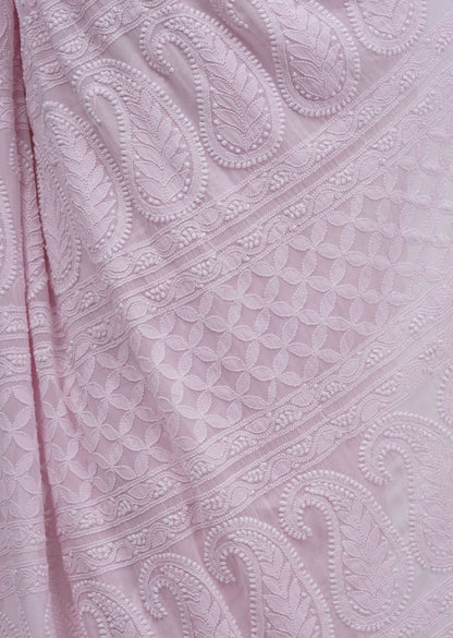 Firgun Pastel Pink Lucknowi Chikankari Viscose Georgette Saree with Unstitched Blouse Piece
