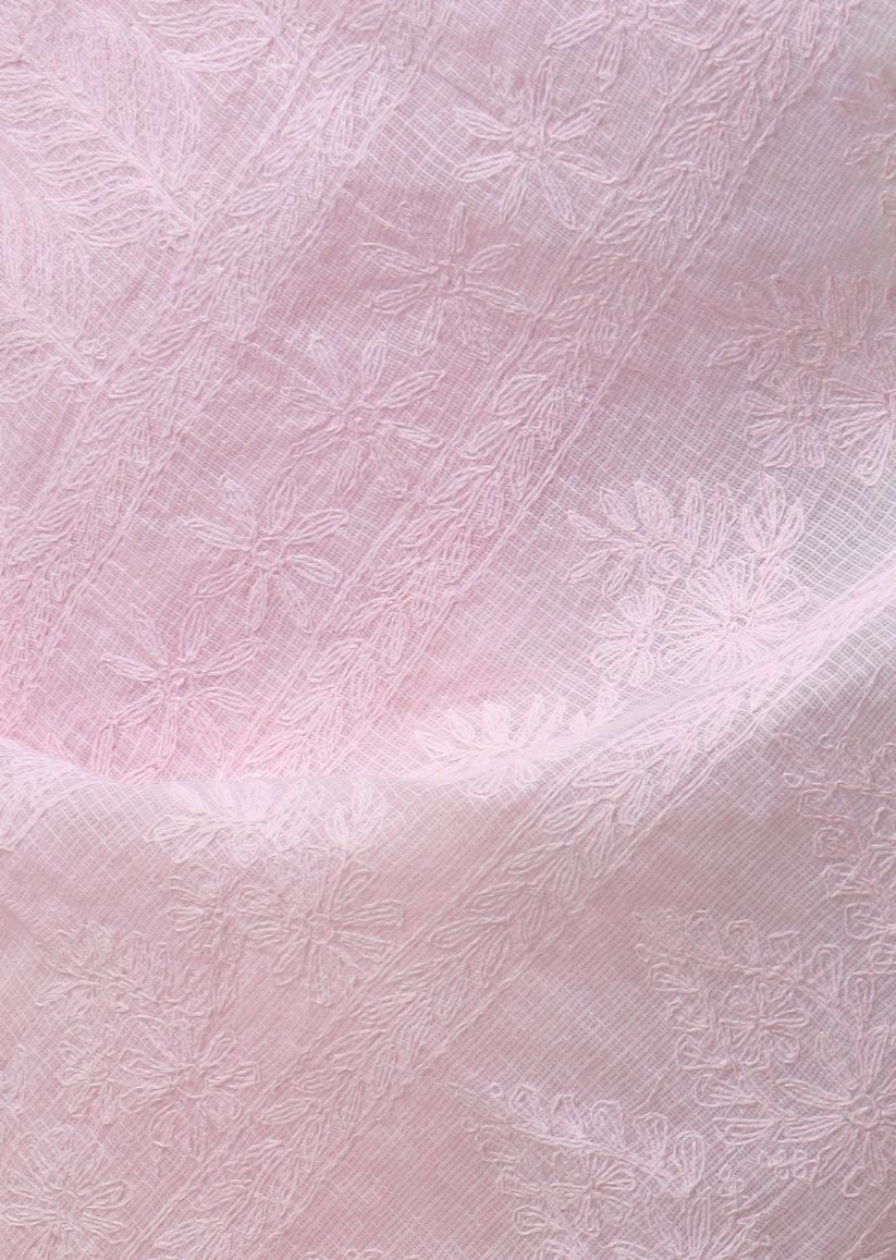 Firgun Baby Pink Lucknowi Chikankari Kota Doria Tepchi Work Saree with Blouse Piece