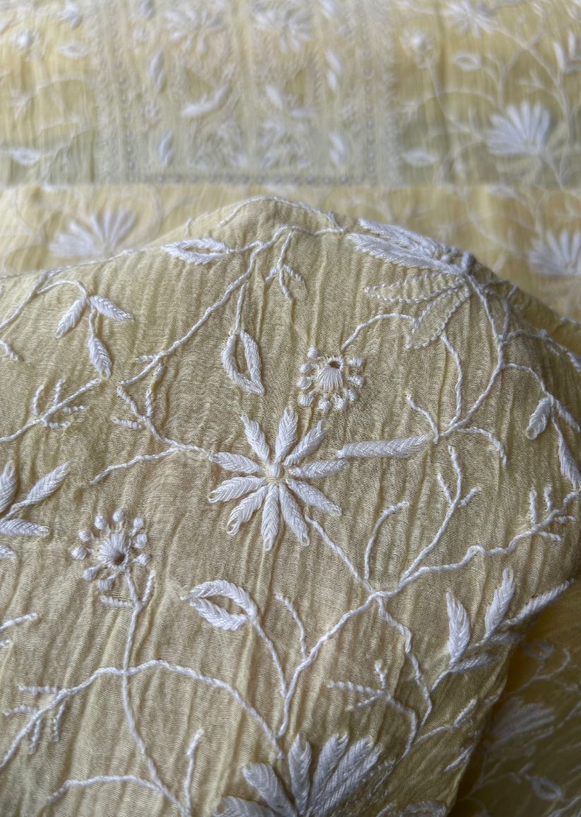 Firgun Pale Yellow Lucknowi Chikankari Mul Chanderi Unstitched Kurta & Dupatta Set