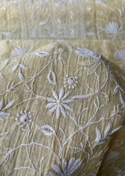 Firgun Pale Yellow Lucknowi Chikankari Mul Chanderi Unstitched Kurta & Dupatta Set