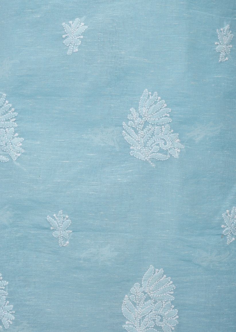 Firgun Blue Lucknowi Chikankari Linen Unstitched Kurta & Dupatta Set