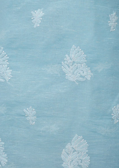 Firgun Blue Lucknowi Chikankari Linen Unstitched Kurta & Dupatta Set