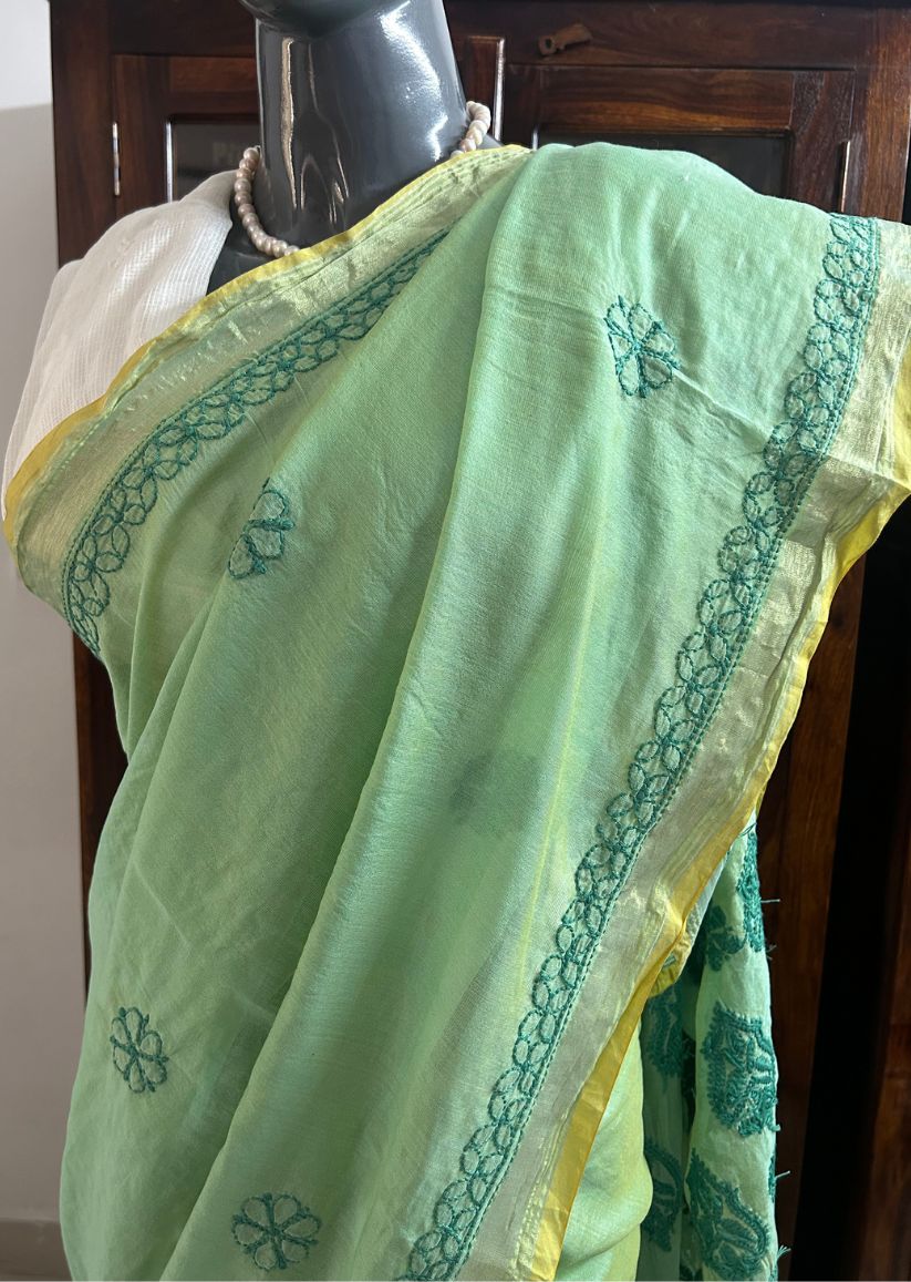 Firgun Green Lucknowi Chikankari Chanderi Saree with Unstitched Blouse Piece
