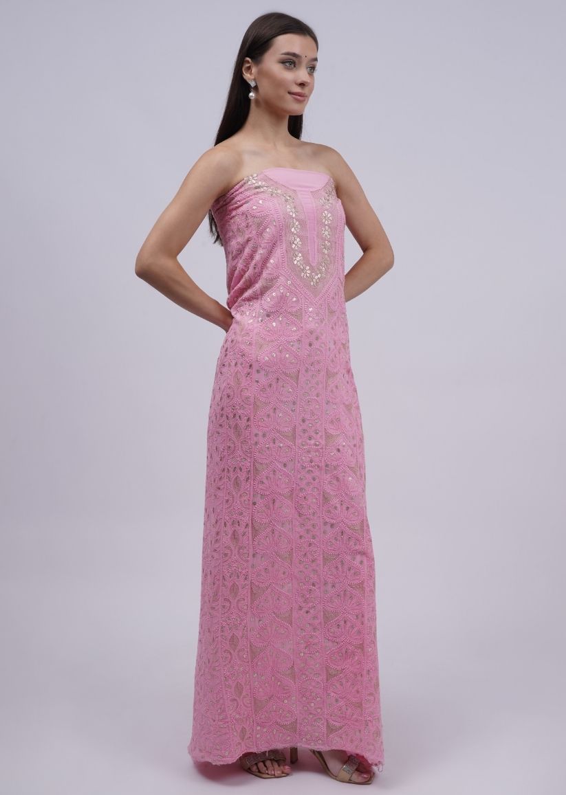 Firgun Pink Lucknowi Chikankari & Gota Patti Viscose Georgette Unstitched Kurta & Dupatta Set