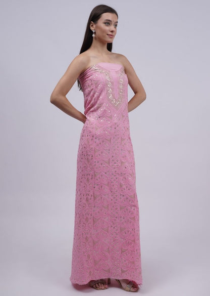 Firgun Pink Lucknowi Chikankari & Gota Patti Viscose Georgette Unstitched Kurta & Dupatta Set
