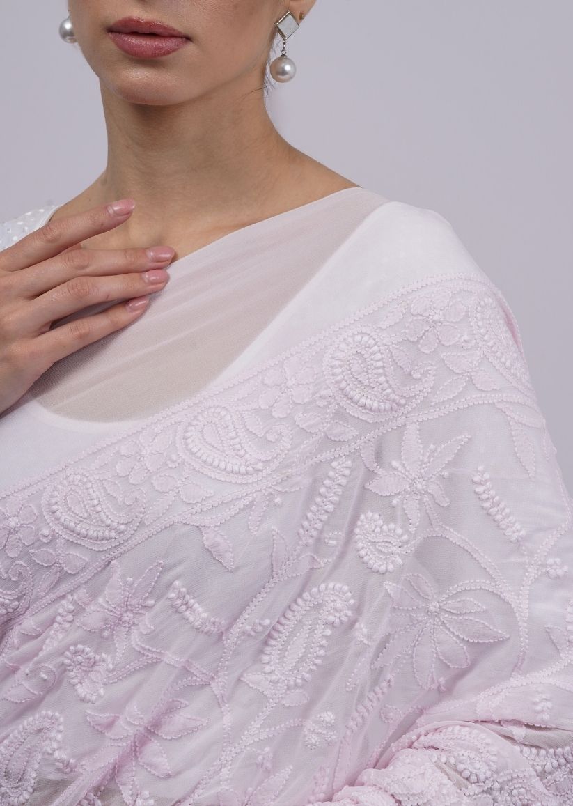 Firgun Pastel Pink Lucknowi Chikankari Viscose Georgette Saree with Unstitched Blouse Piece