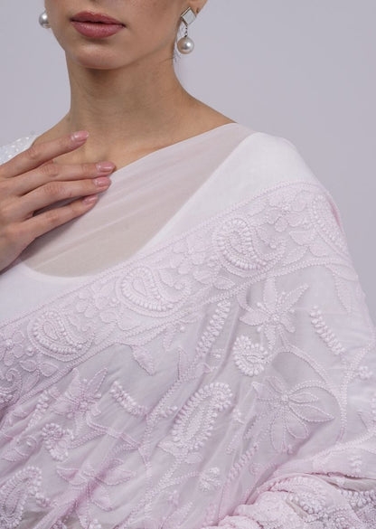 Firgun Pastel Pink Lucknowi Chikankari Viscose Georgette Saree with Unstitched Blouse Piece