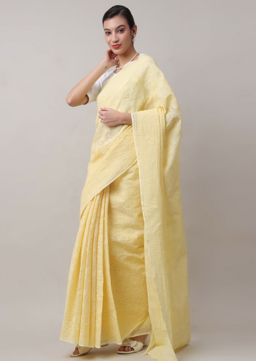 Firgun Mustard Lucknowi Chikankari Kota Doria Tepchi Work Saree with Blouse Piece