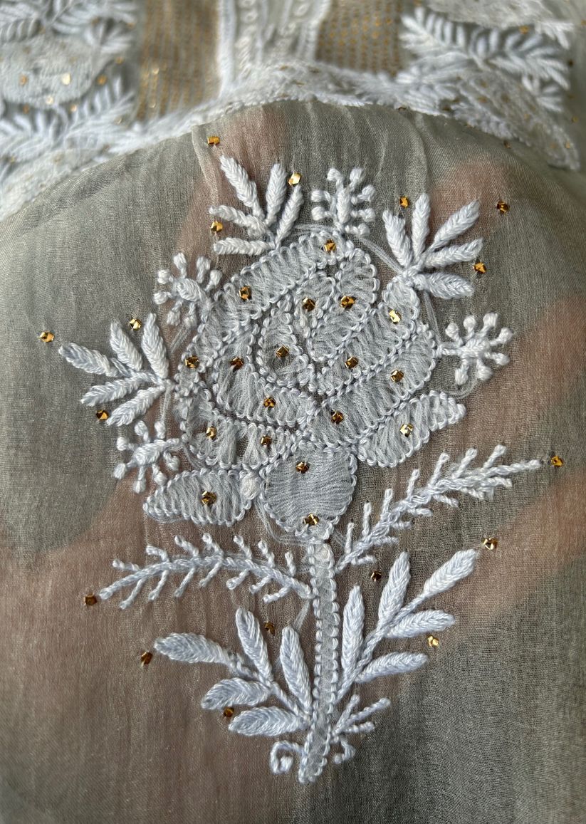 Firgun Grey Lucknowi Chikankari Pure Organza Unstitched Kurta & Dupatta Set