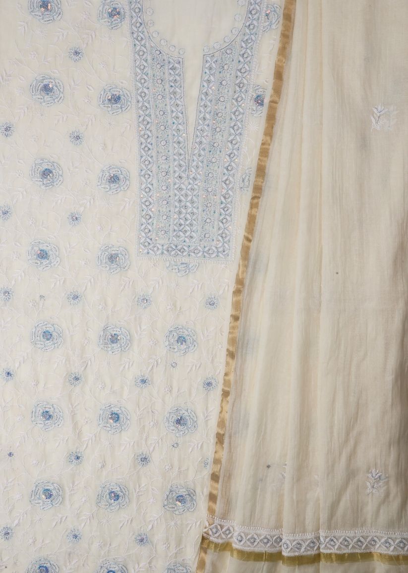 Firgun White & Blue Lucknowi Chikankari Mul Chanderi Unstitched Kurta & Dupatta Set