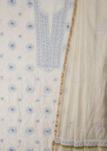 Firgun White & Blue Lucknowi Chikankari Mul Chanderi Unstitched Kurta & Dupatta Set