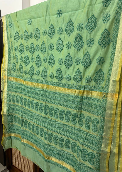 Firgun Green Lucknowi Chikankari Chanderi Saree with Unstitched Blouse Piece