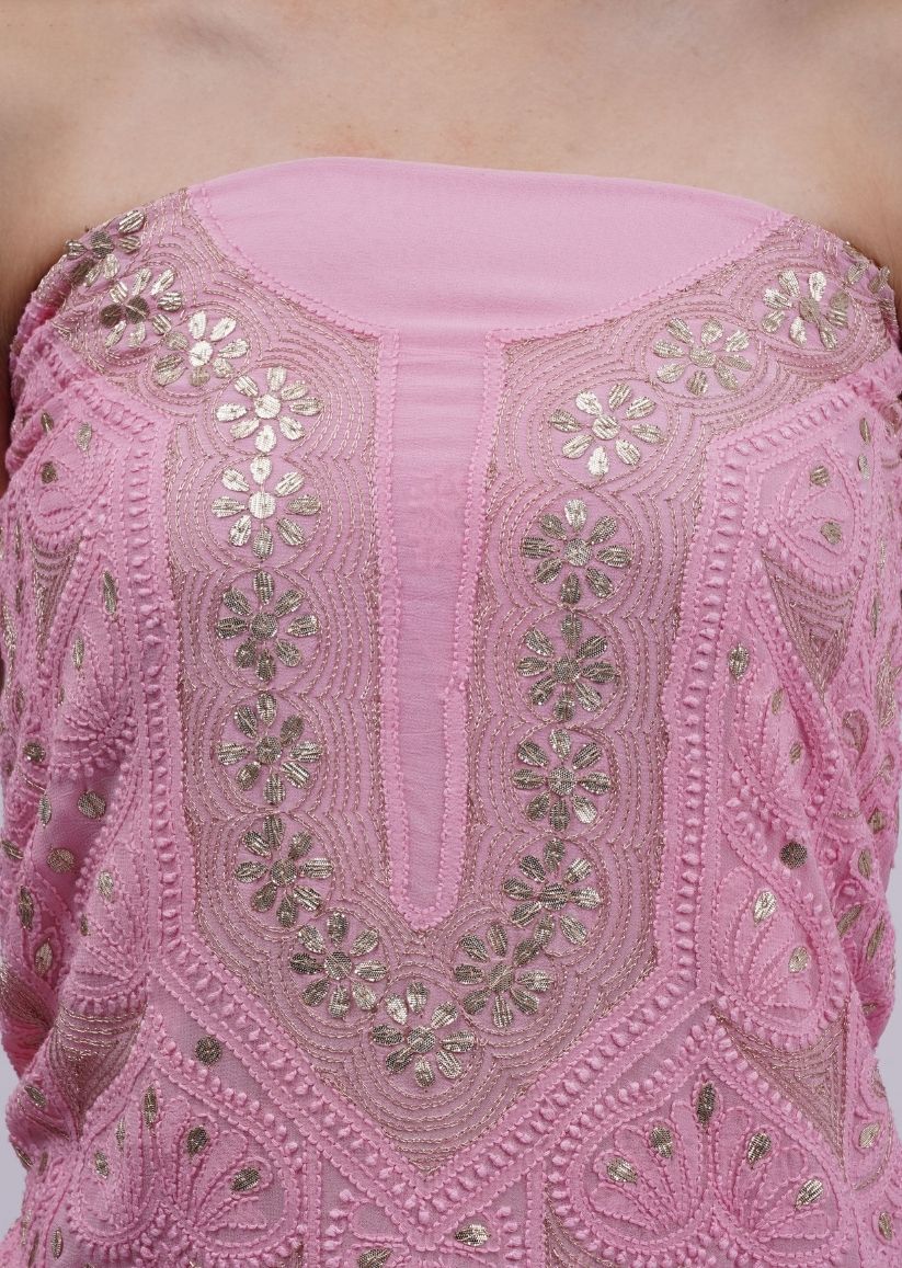 Firgun Pink Lucknowi Chikankari & Gota Patti Viscose Georgette Unstitched Kurta & Dupatta Set