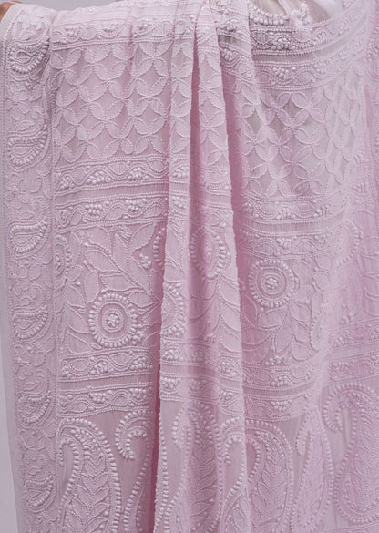Firgun Pastel Pink Lucknowi Chikankari Viscose Georgette Saree with Unstitched Blouse Piece