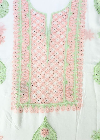 Firgun White Lucknowi Chikankari & Mukaish Work Viscose Georgette Unstitched Kurta & Dupatta Set