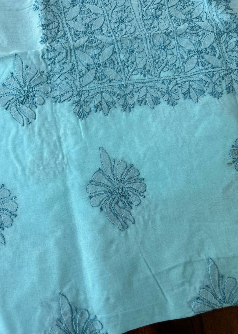 Firgun Blue Lucknowi Chikankari Cotton Unstitched Kurta