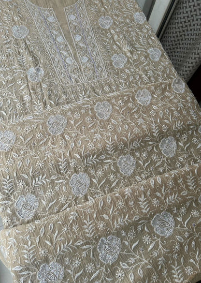 Firgun Beige Lucknowi Chikankari Mul Chanderi Unstitched Kurta & Dupatta Set with Pearl & Cutdana Work