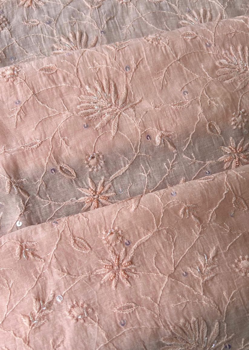 Firgun Peach Lucknowi Chikankari Mul Chanderi Unstitched Kurta & Dupatta Set with Pearl & Cutdana Work