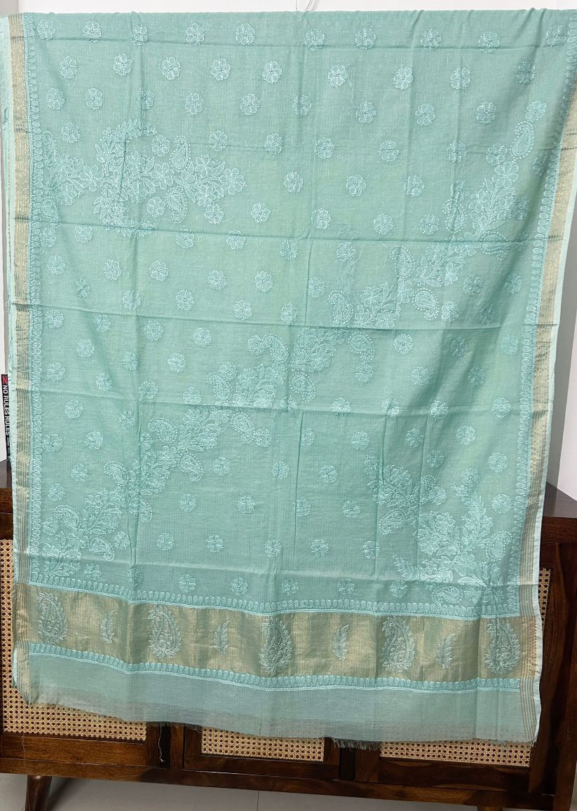 Firgun Mint Green Lucknowi Chikankari Mul Cotton Saree with Unstitched Blouse Piece