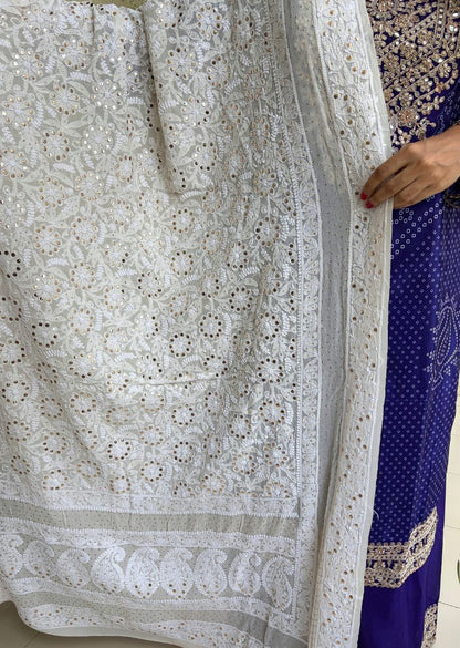 Firgun Cream Lucknowi Chikankari Pure Georgette Mukaish Work Dupatta