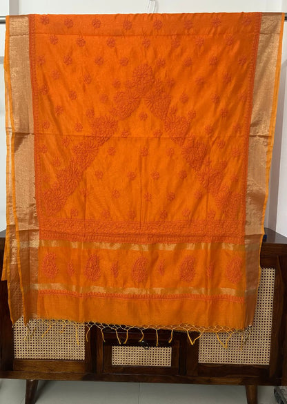 Firgun Orange Lucknowi Chikankari Chanderi Saree with Unstitched Blouse Piece
