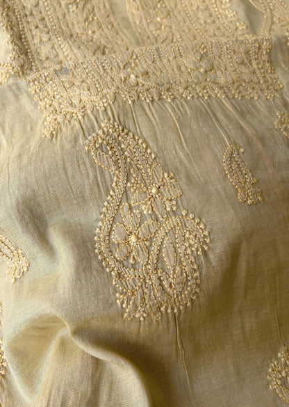 Firgun Yellow Lucknowi Chikankari Chanderi Silver Tissue Kurta Dupatta Set