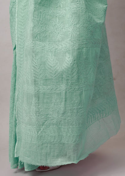 Firgun Hand Embroidered Mint Green Lucknowi Chikankari Kota Doria Tepchi Work Saree with Blouse Piece