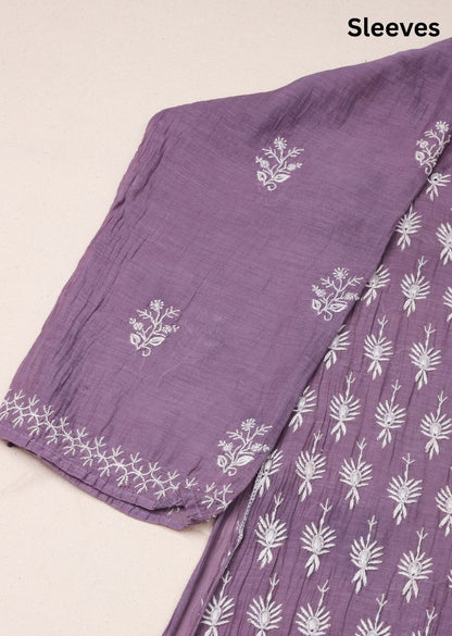 Firgun Mauve Lucknowi Chikankari & Pearl Work Mul Chanderi Unstitched Kurta & Dupatta Set