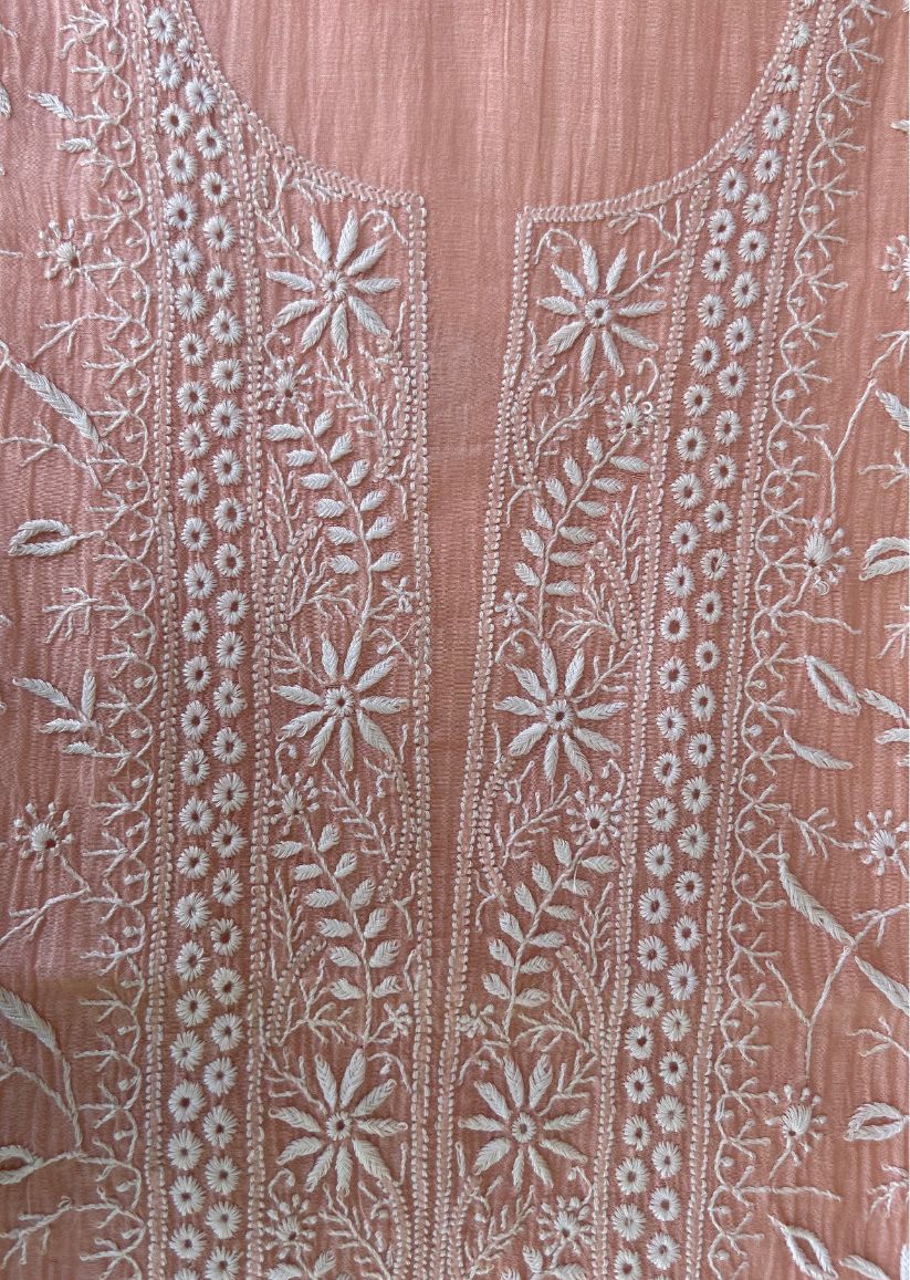 Firgun Peach Lucknowi Chikankari Mul Chanderi Unstitched Kurta & Dupatta Set