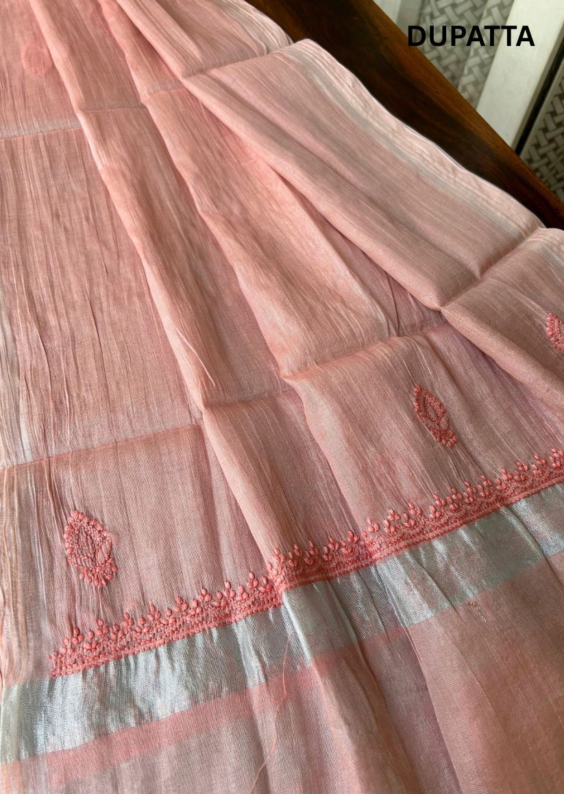 Firgun Red Lucknowi Chikankari Chanderi Silver Tissue Kurta Dupatta Set