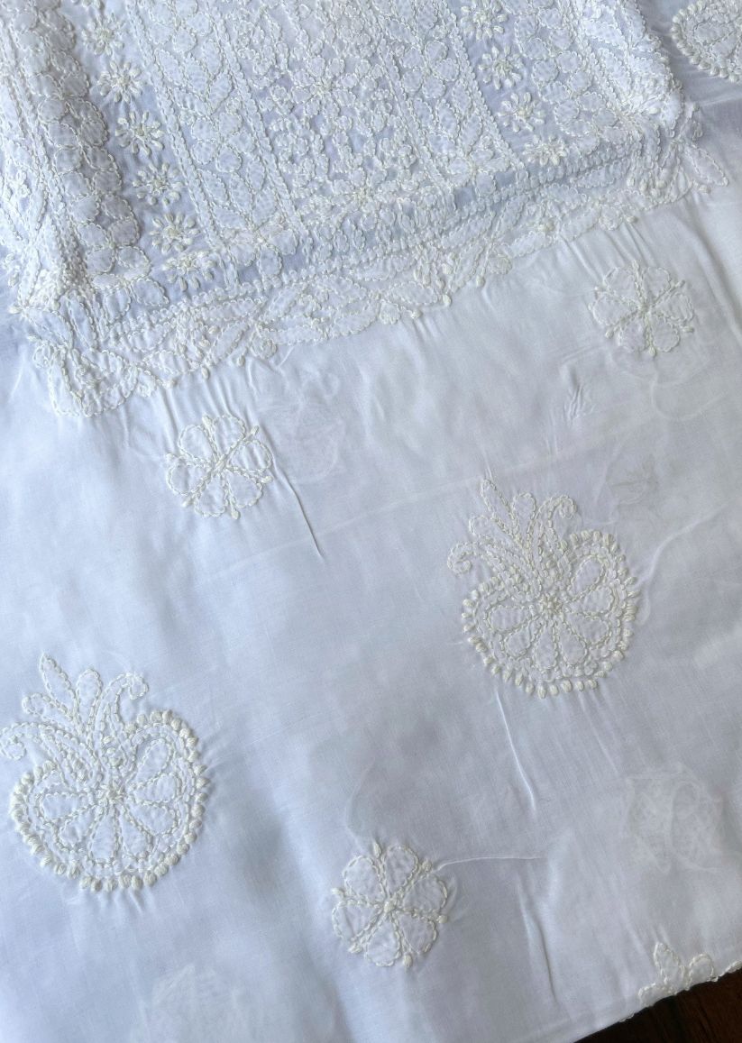 Firgun White Lucknowi Chikankari Cotton Unstitched Kurta