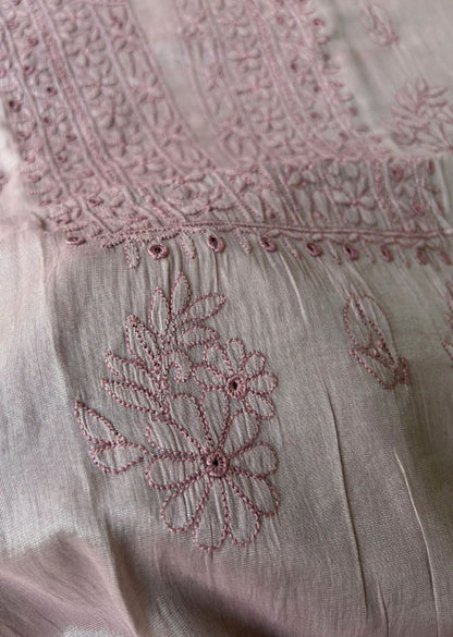 Firgun Rose Taupe Lucknowi Chikankari Chanderi Silver Tissue Kurta Dupatta Set