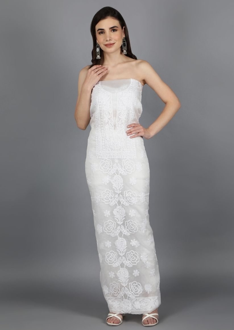 Firgun White Lucknowi Chikankari Organza Unstitched Kurta & Dupatta Set