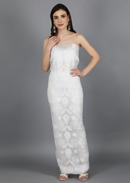 Firgun White Lucknowi Chikankari Organza Unstitched Kurta & Dupatta Set