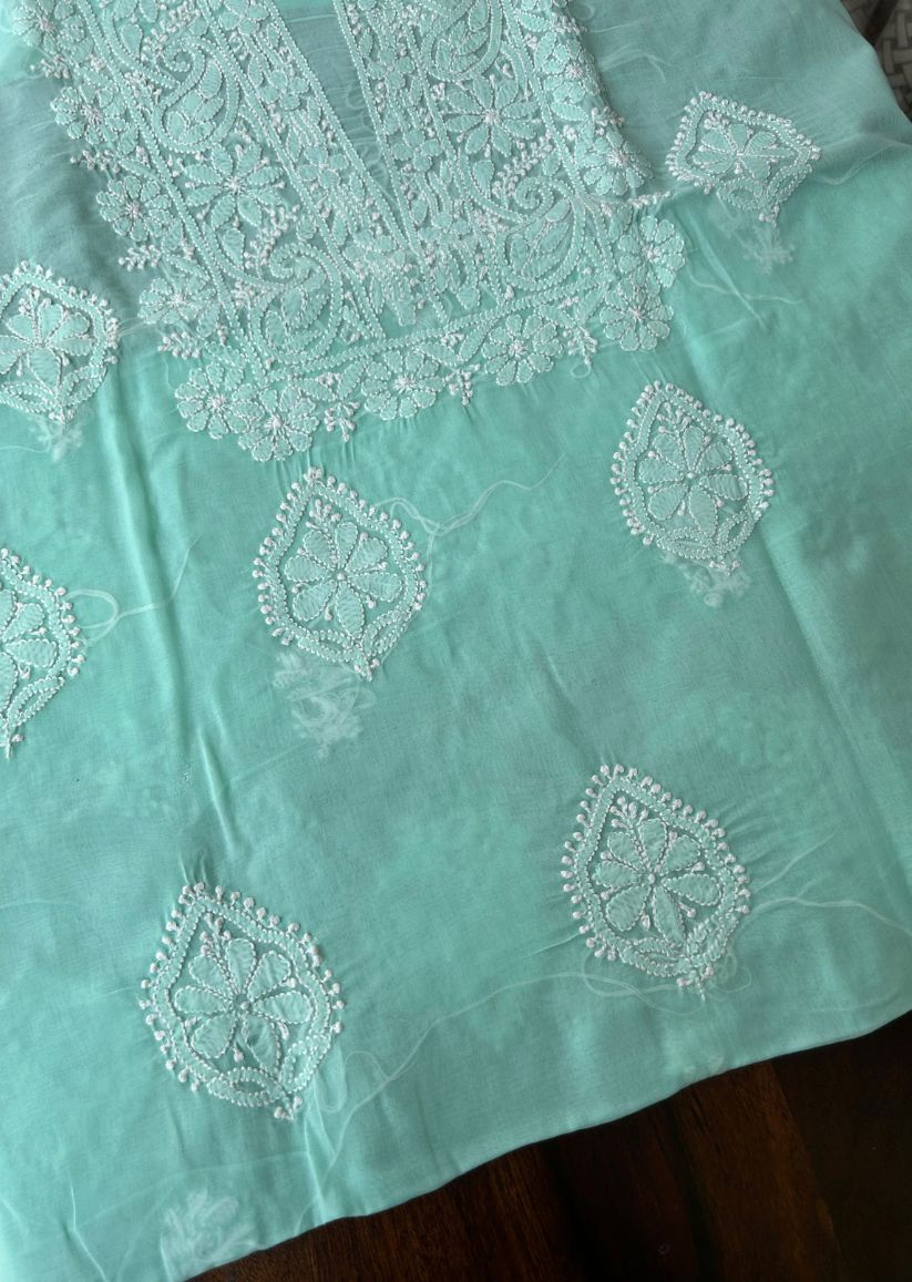 Firgun Sea Green Lucknowi Chikankari Cotton Unstitched Kurta