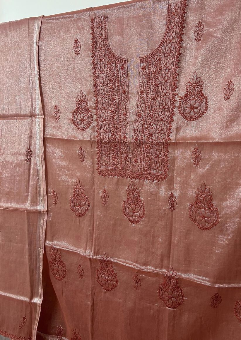Firgun Maroon Lucknowi Chikankari Chanderi Silver Tissue Kurta Dupatta Set