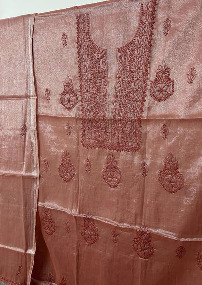 Firgun Maroon Lucknowi Chikankari Chanderi Silver Tissue Kurta Dupatta Set