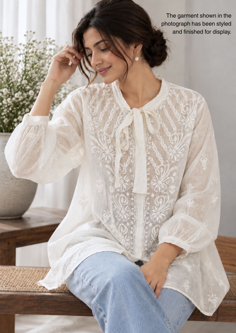 Firgun Cream Lucknowi Chikankari Mul Chanderi Semi-Stitched Shirt