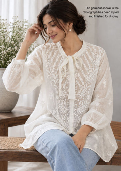 Firgun Cream Lucknowi Chikankari Mul Chanderi Semi-Stitched Shirt