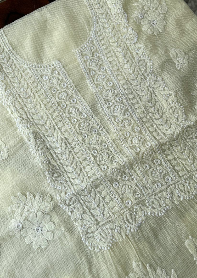 Firgun Lemon Lucknowi Chikankari Kota Unstitched Kurta & Dupatta Set
