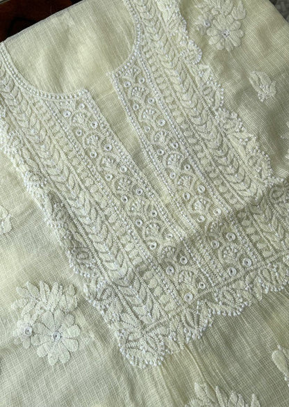 Firgun Lemon Lucknowi Chikankari Kota Unstitched Kurta & Dupatta Set