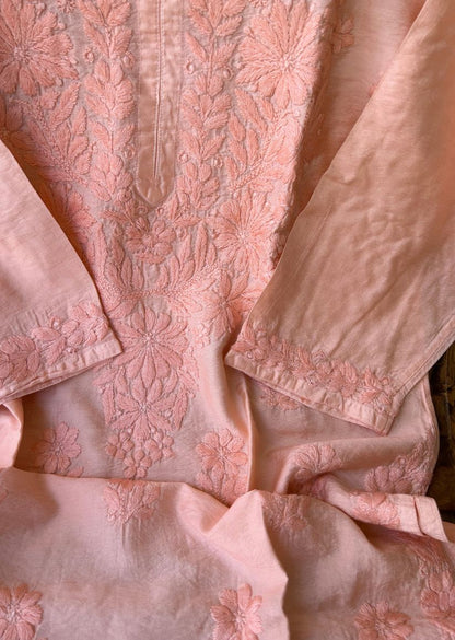 Firgun Orange Lucknowi Chikankari Chanderi Straight Kurta