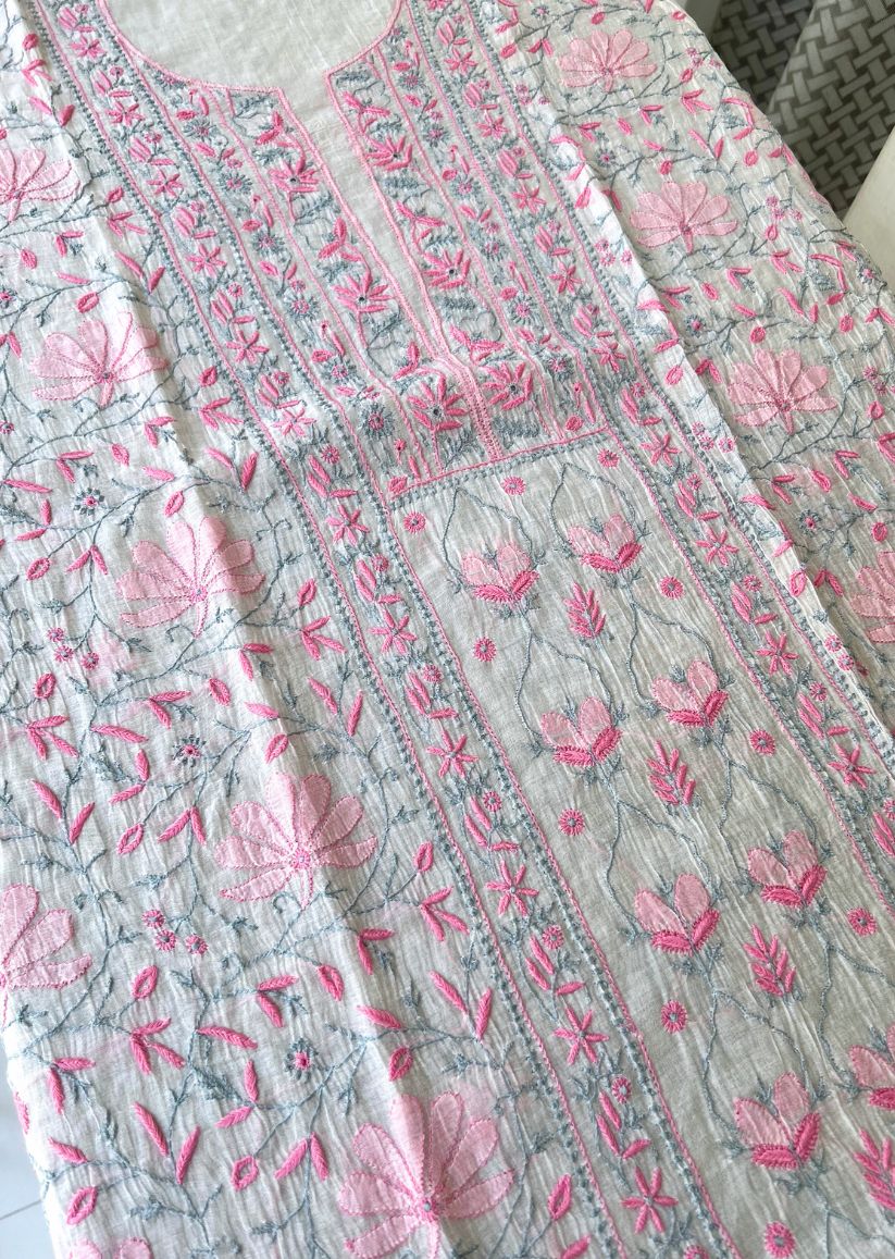Firgun White Lucknowi Chikankari with Pink & Grey Work Mul Chanderi Unstitched Kurta & Dupatta Set
